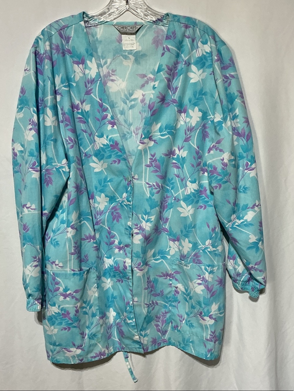 Cherokee Blue Floral Long Sleeve Scrub Jacket Pockets Sz L